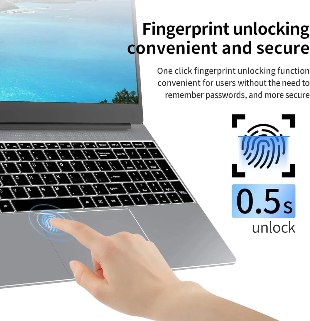 Silver 15.6-inch laptop with a black keyboard and a fingerprint scanner on the trackpad for 0.5s secure unlocking.