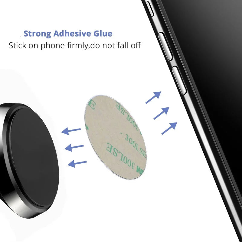 Round black adhesive magnetic phone mount with a strong circular sticker, shown attaching to a smartphone.