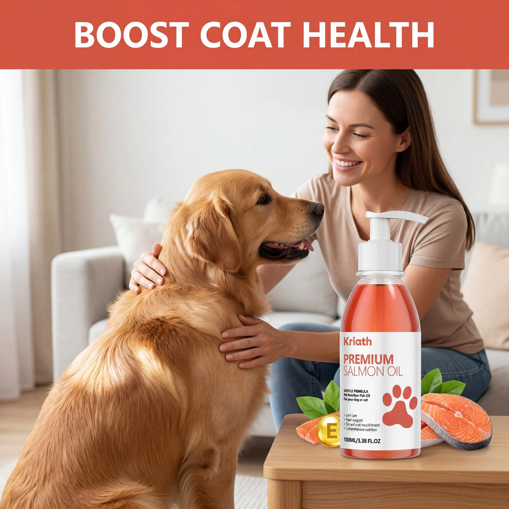 Pump bottle of salmon oil for dogs and cats with label featuring paw icon, plus fresh salmon and vitamin E detail.