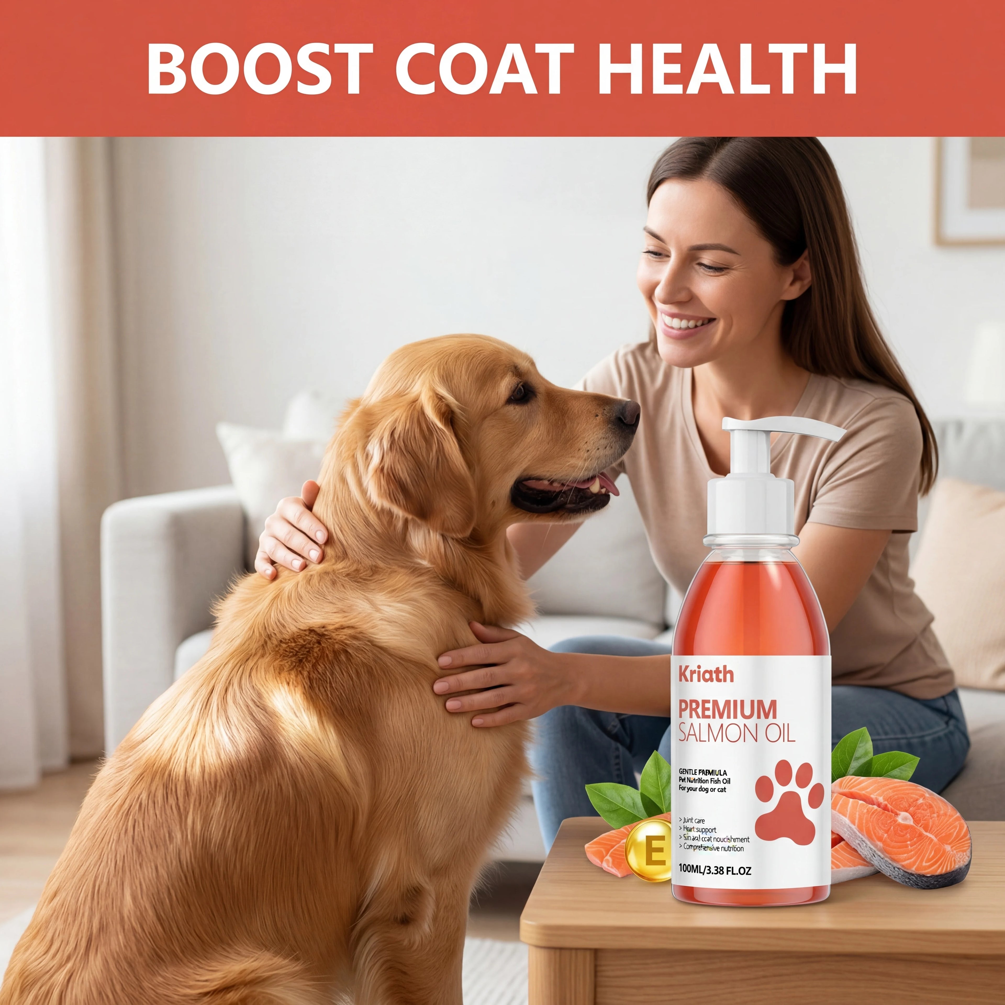 Pump bottle of salmon oil for dogs and cats with label featuring paw icon, plus fresh salmon and vitamin E detail.