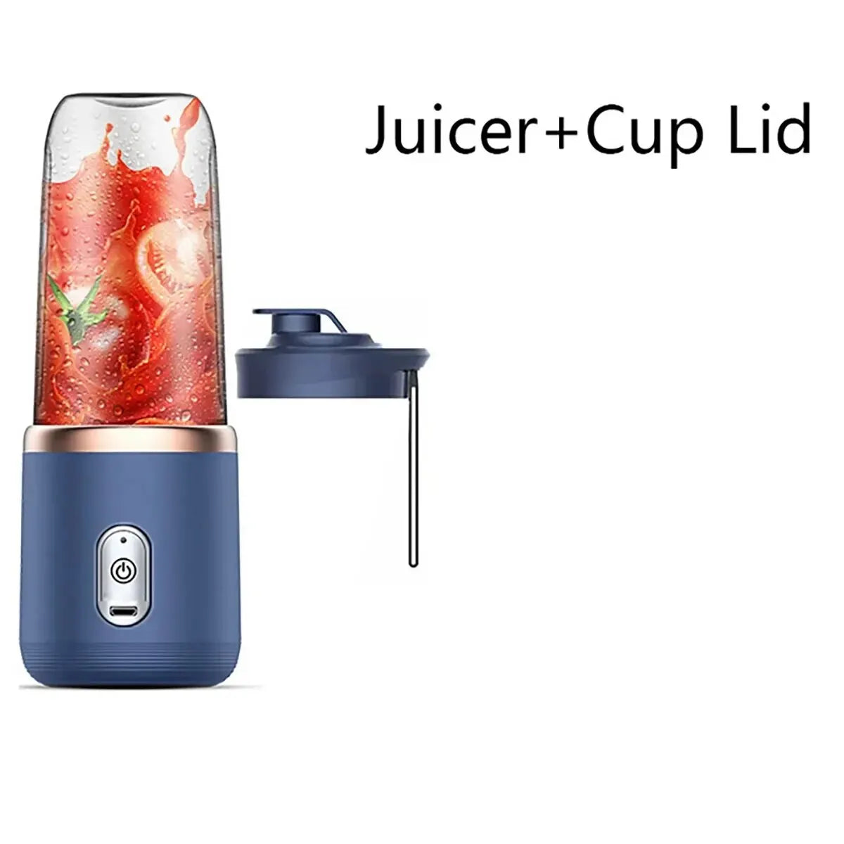 Portable navy blue juicer blender with a clear cup containing tomato juice and a separate navy lid with a carry strap.