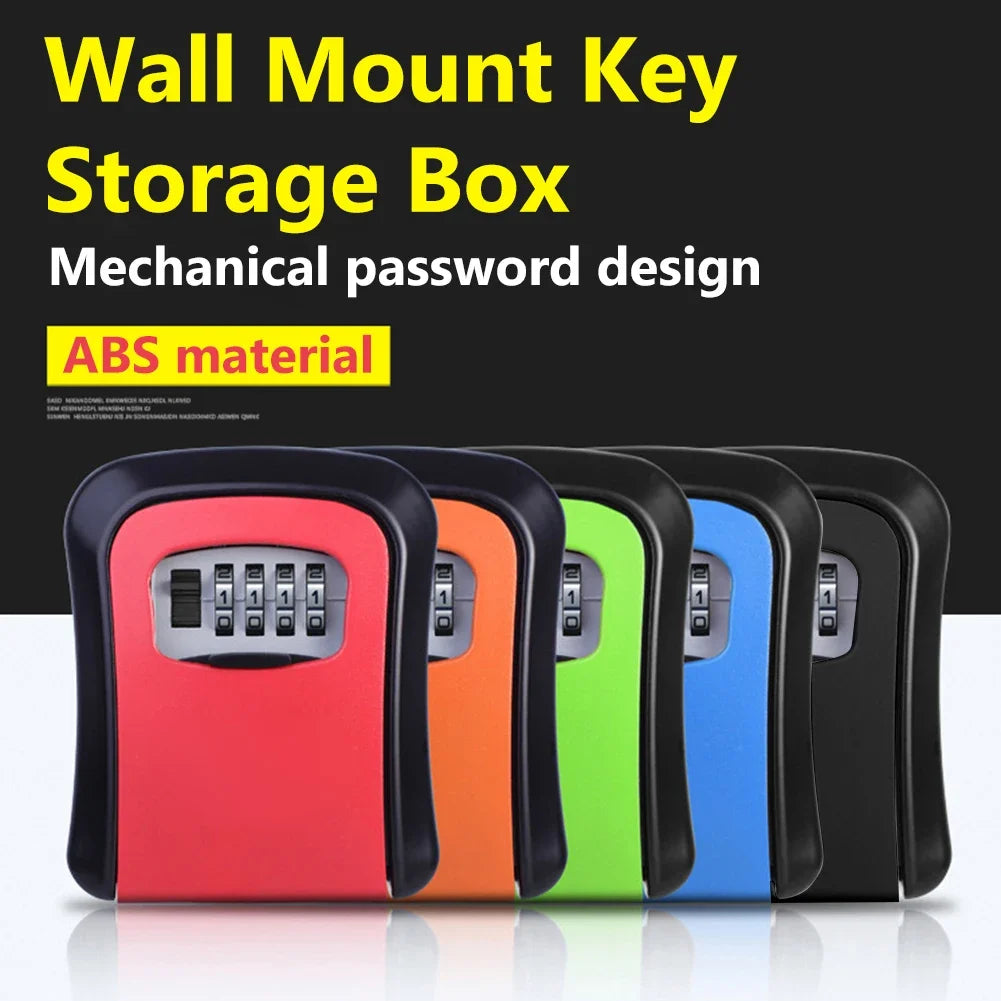 Five wall-mount key storage boxes made of ABS plastic, featuring a mechanical four-digit combination lock in colors.