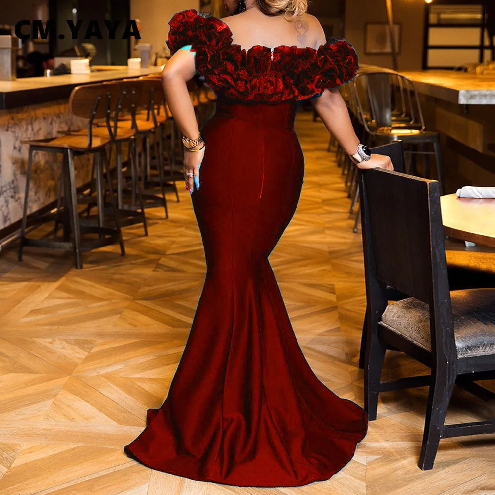 Dark red mermaid maxi dress featuring a sleeveless off-the-shoulder neckline with voluminous ruffled trim.