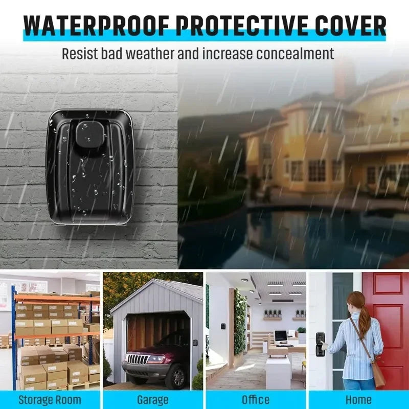 Black plastic waterproof protective cover for wall-mounted key lock boxes, shown installed in various locations.