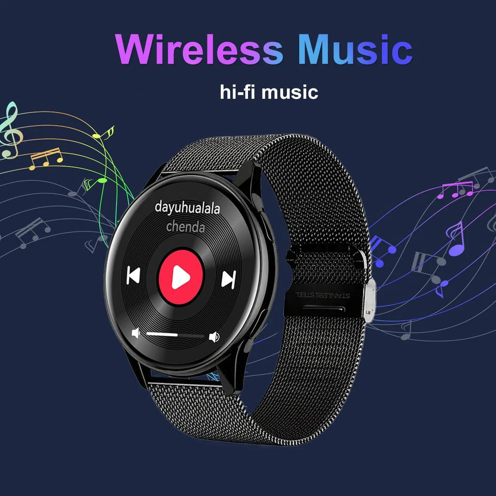 Black smartwatch with a metal mesh strap, circular touchscreen displaying a music player interface on a dark background.
