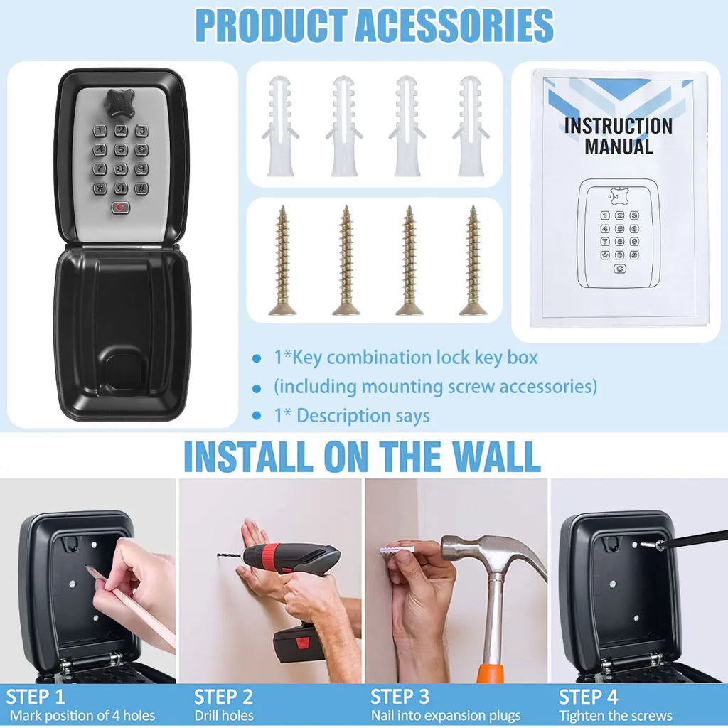 Black metal wall-mount key combination lock box with instruction manual, mounting screws, and plastic expansion plugs.