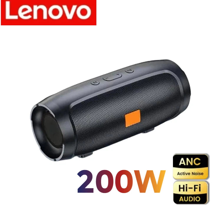 Portable black wireless Bluetooth speaker with a mesh grille, orange accent, and 200W Hi-Fi active noise-cancelling audio.
