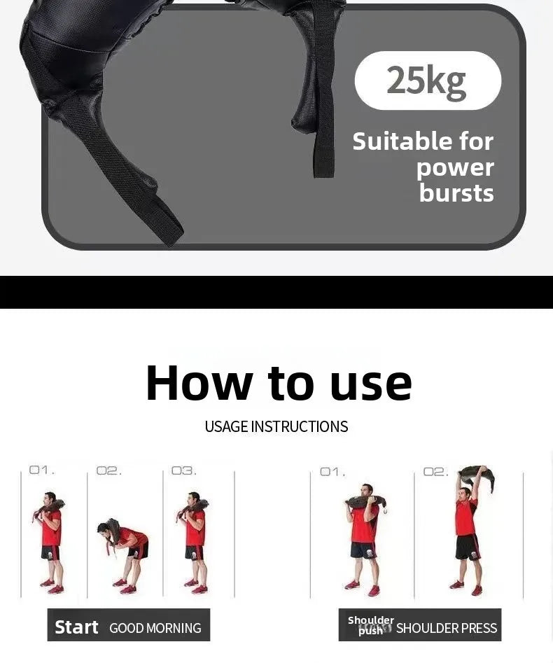 Black 25kg weighted Bulgarian training bag with multiple handles, shown with exercise instructions for fitness training.