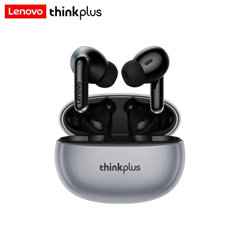 Glossy black wireless earbuds with a sleek design in a metallic grey oval charging case.