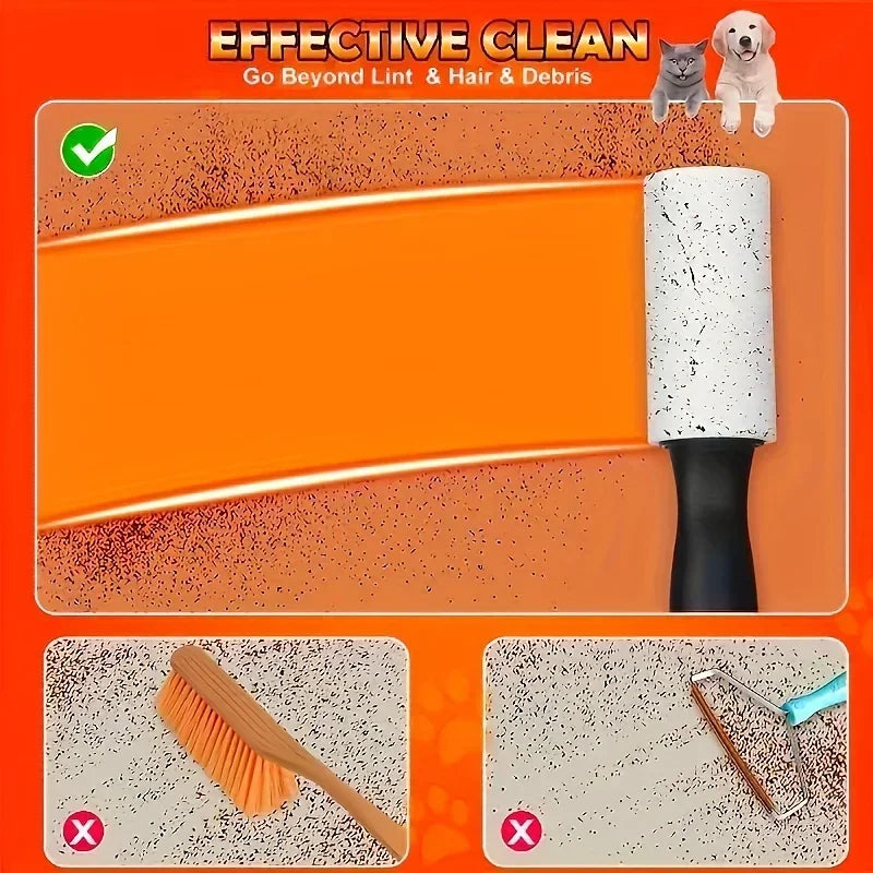 A sticky lint roller cleaning hair from orange fabric, compared against ineffective brushes and metal tools.