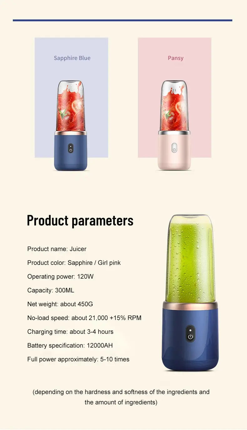 Portable 300ml electric juicer in sapphire blue and soft pink, featuring a minimalist design and power button.