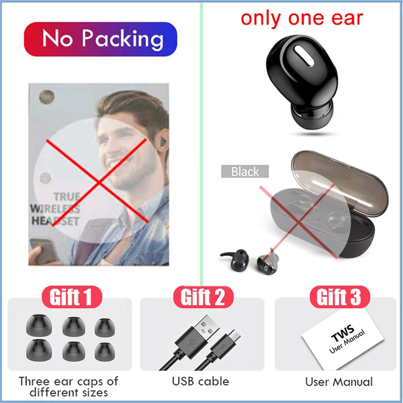 Single black wireless earbud with a charging case, USB cable, three sizes of ear tips, and a user manual.