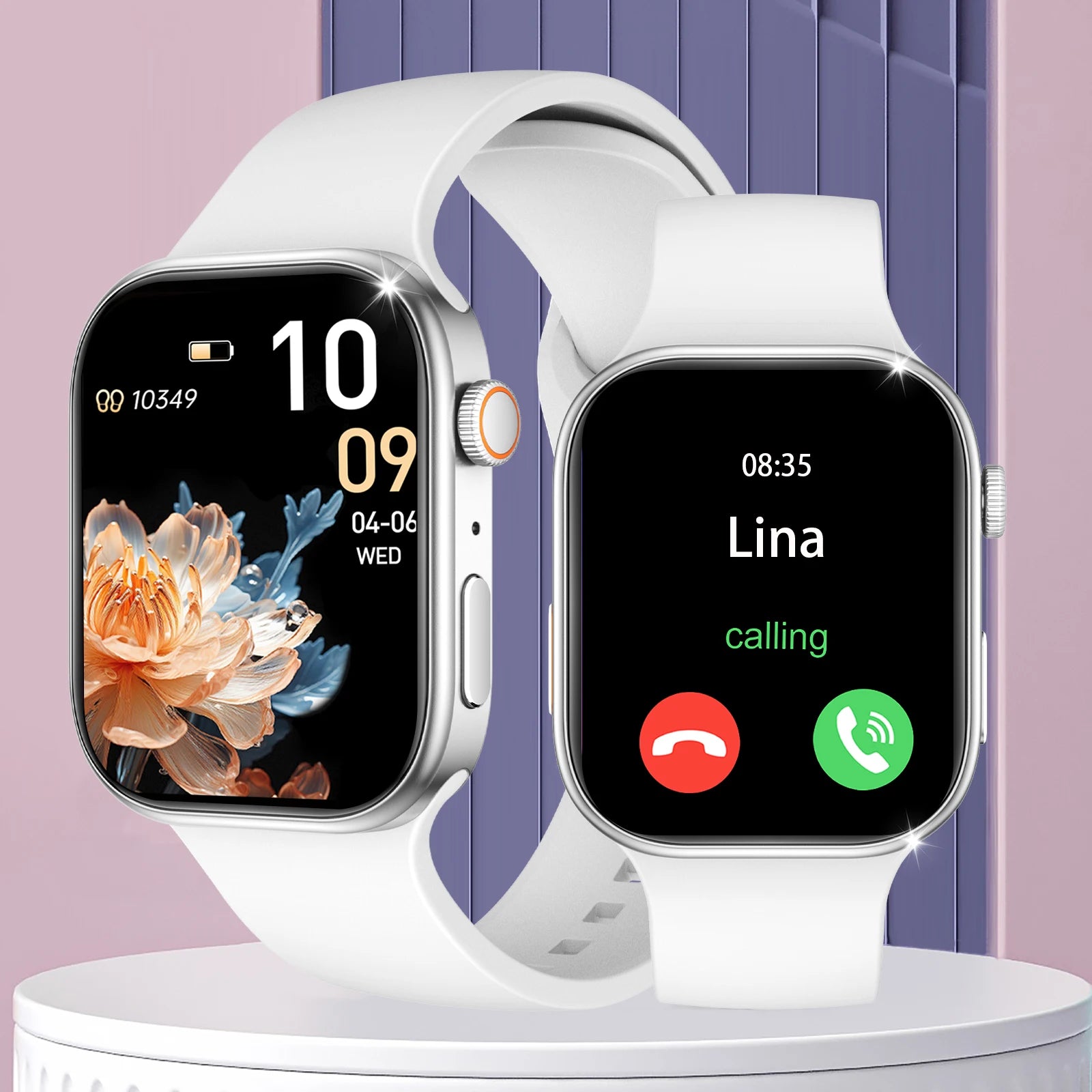 Two silver smartwatches with white straps and large HD displays showing time, fitness data, and an incoming call.