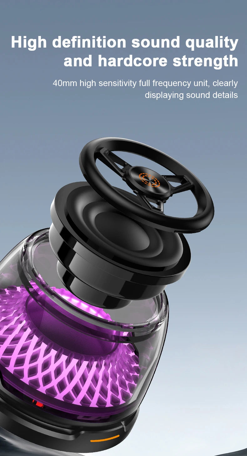 A portable black mini speaker with an exploded view showing internal components and glowing purple LED lighting effects.