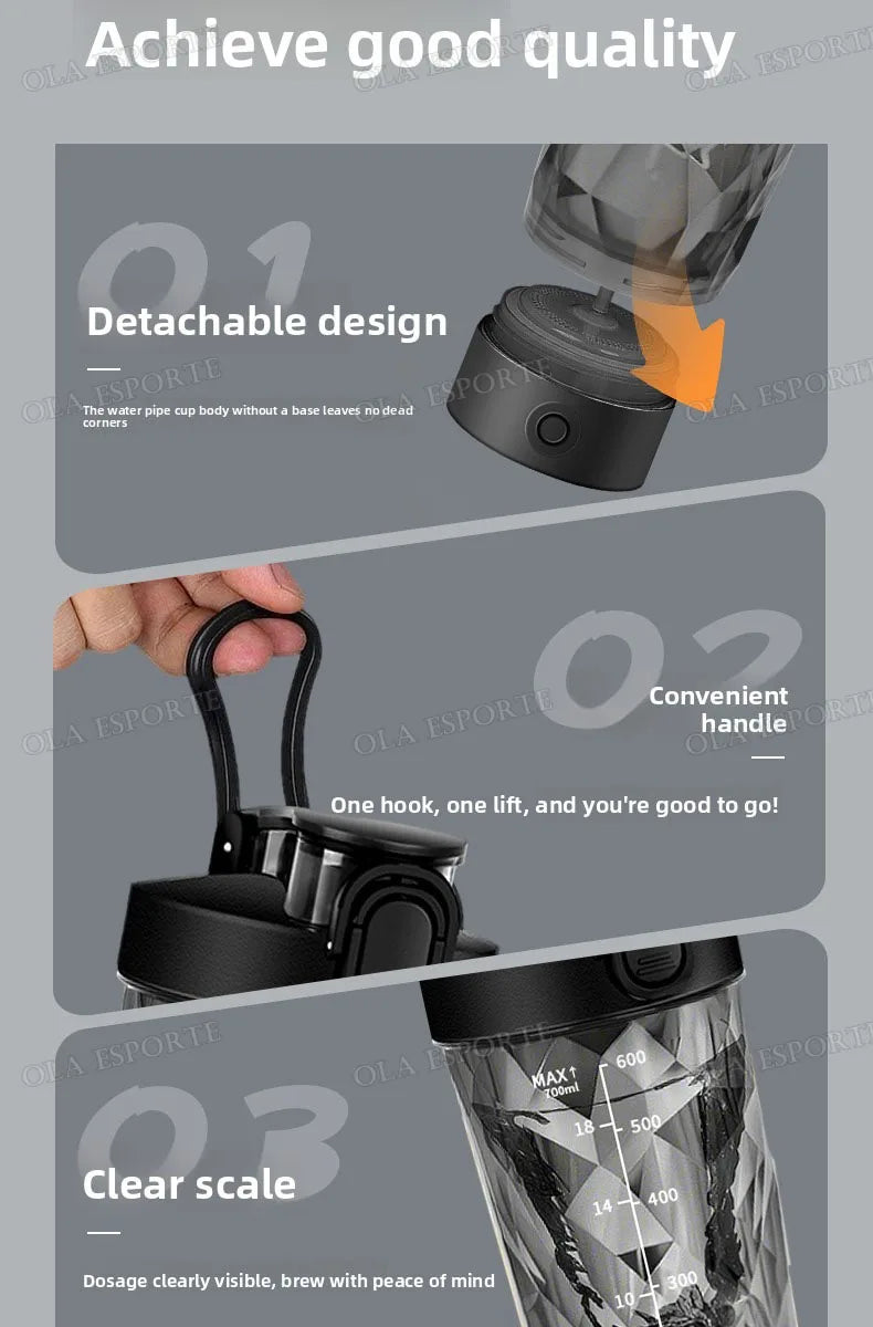 A black, faceted sports water bottle featuring a detachable base, carrying handle, and measurement scale markings.