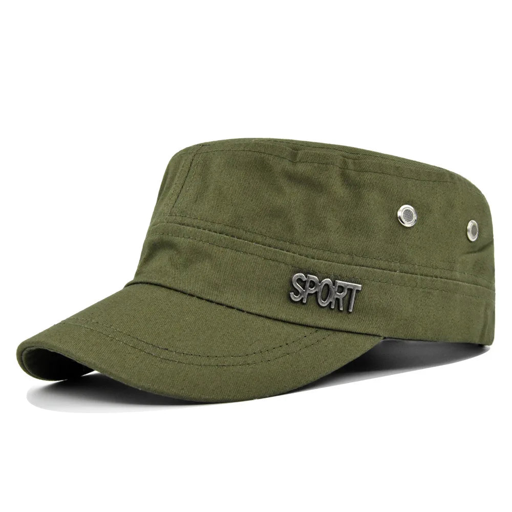 Olive green military-style flat cap with a curved peak, side air vents, and a metal 'SPORT' emblem on the side.