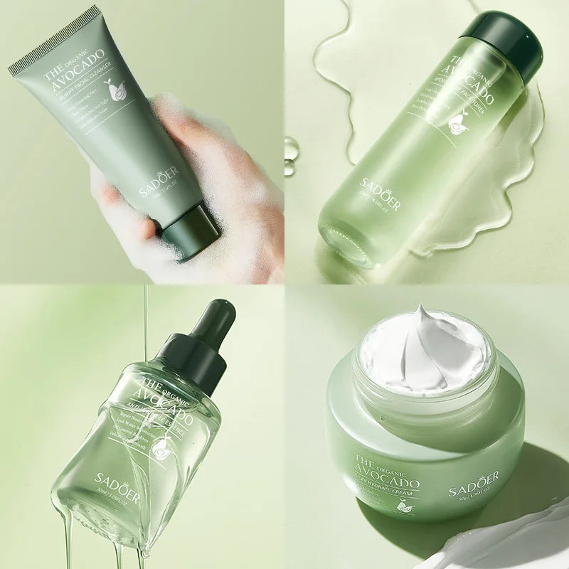 Four-piece avocado-themed skincare set including cleanser, toner, face essence, and moisturizing cream in green packaging.