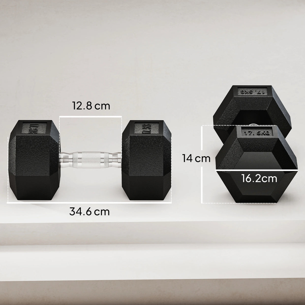 Two black rubber hex dumbbells with silver handles, labeled 17.5KG, showing dimension measurements.