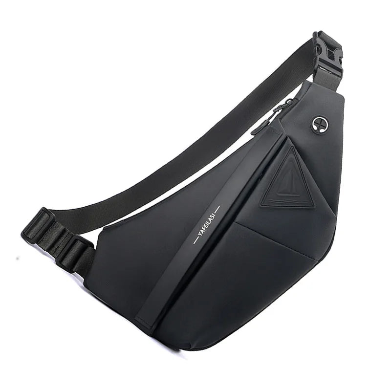 Black anti-theft crossbody sling bag with a secure zip, adjustable strap, and headphone port. Modern, slim design.