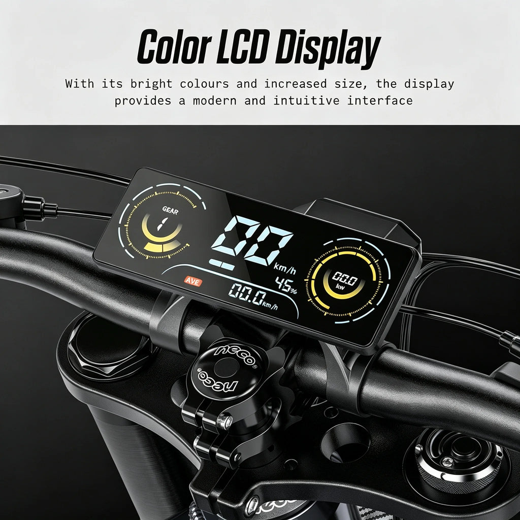 Shengmilo S900 Pro electric bike's black rectangular color LCD display mounted on the handlebars, showing speed.