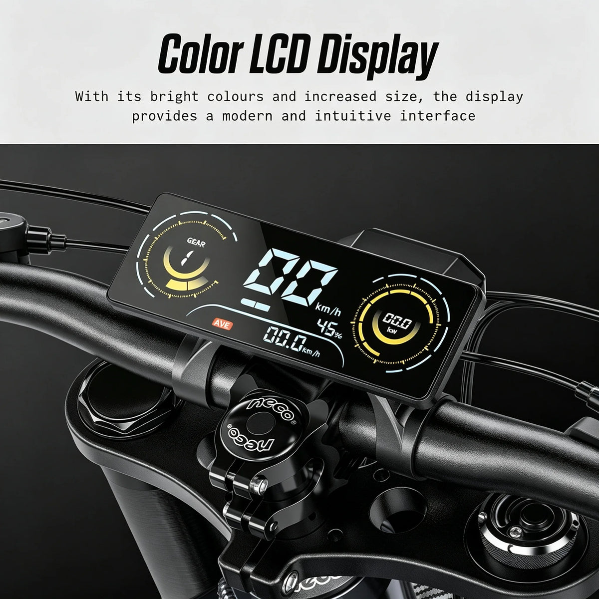 Shengmilo S900 Pro electric bike's black rectangular color LCD display mounted on the handlebars, showing speed.