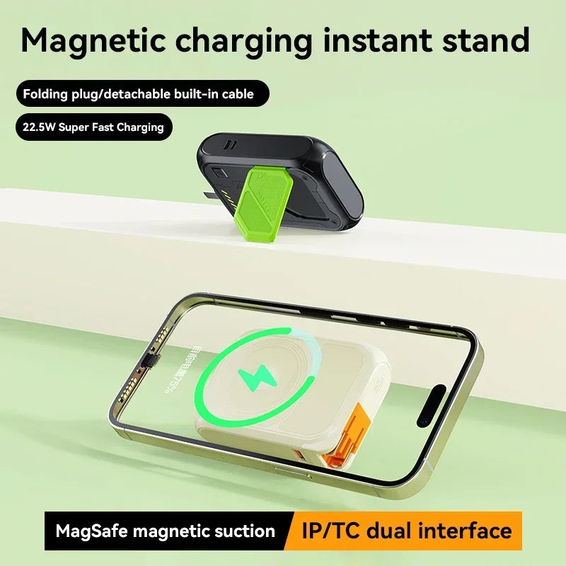 Black 10,000mAh magnetic power bank with a green kickstand, shown wirelessly charging a smartphone.