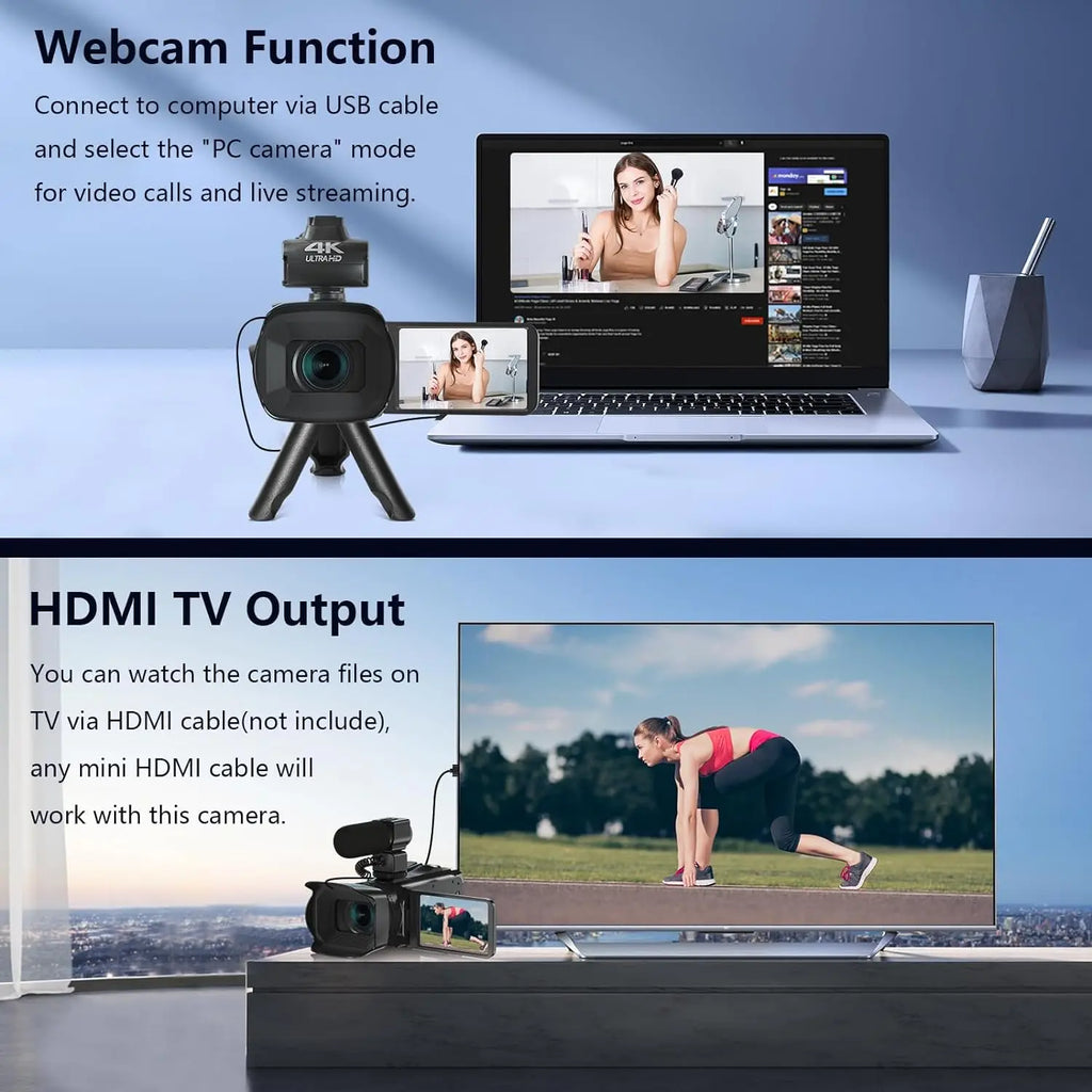 Black plastic 4K digital video camera with flip screen, tripod, and external mic, shown connected to PC and TV.