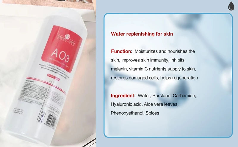 Clear bottle of Vitamin C hydrating serum with red label, featuring skin-replenishing and moisturizing benefits.