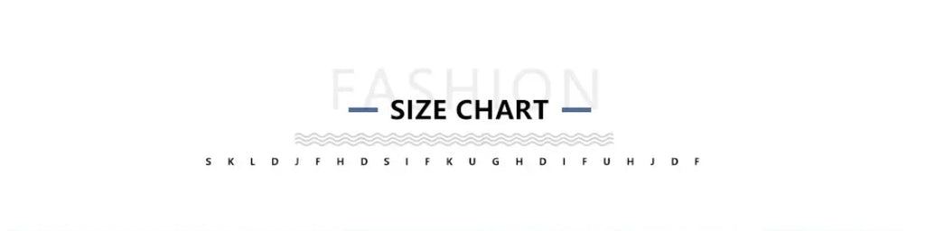 Fashion size chart header with minimalist blue text and decorative wavy line on a white background.