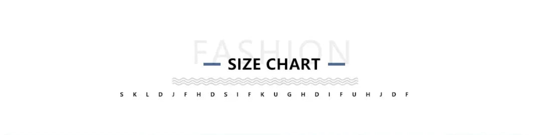 Fashion size chart header with minimalist blue text and decorative wavy line on a white background.