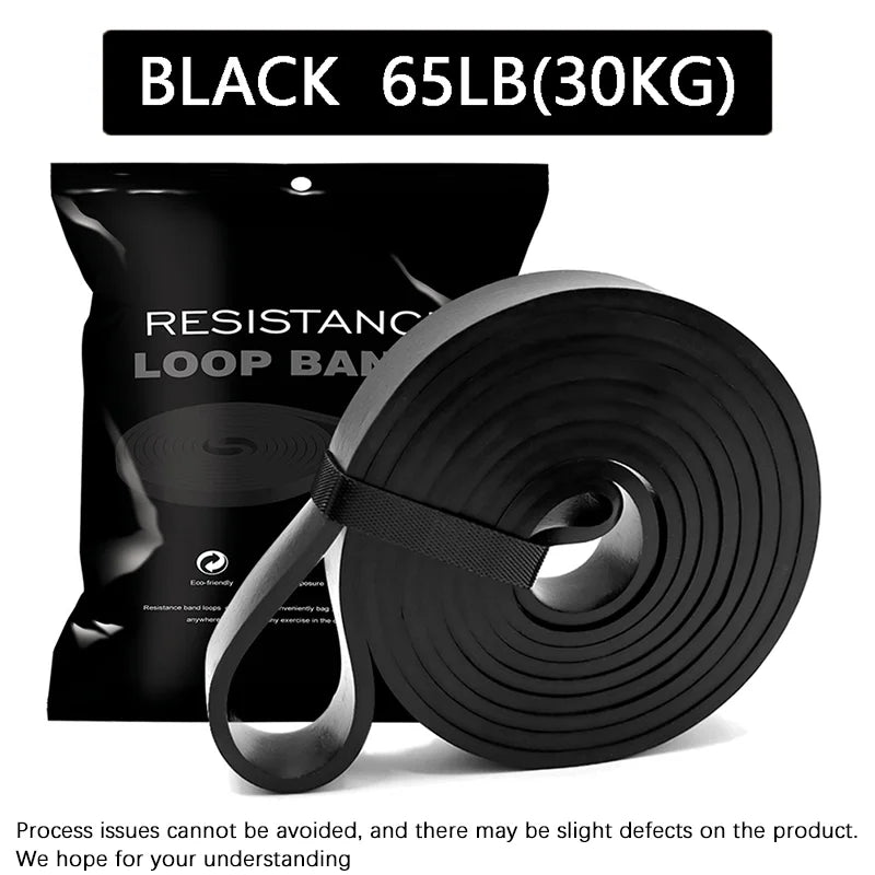 A coiled black heavy-duty resistance loop band with 65lb (30kg) strength, shown with its branded storage pouch.