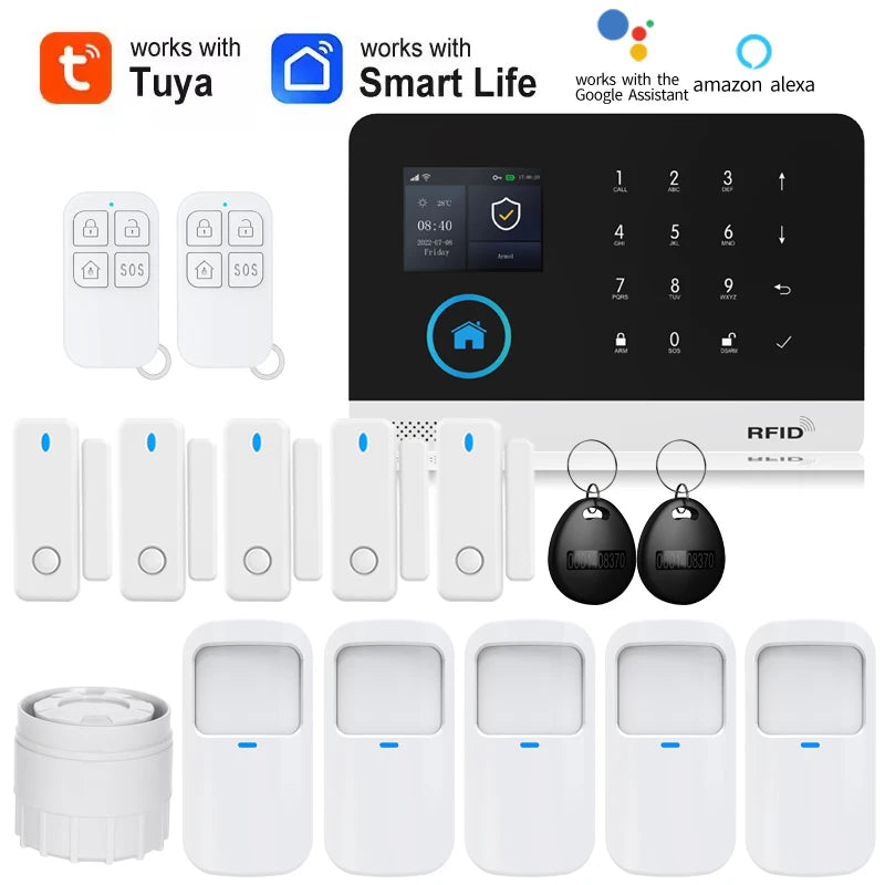 Wireless home security kit with black touchscreen panel, white sensors, remotes, RFID tags, and siren.
