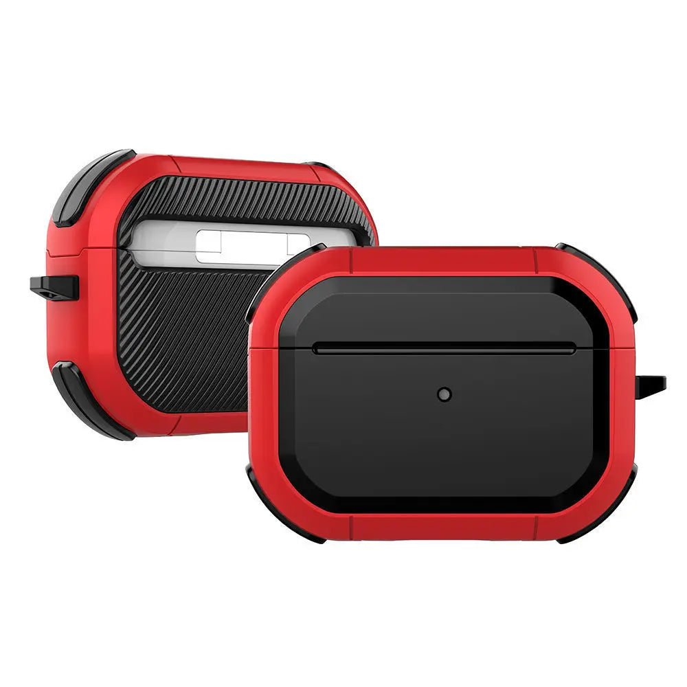 Rugged red and black protective case for Apple AirPods Pro, featuring a textured, durable shockproof design.