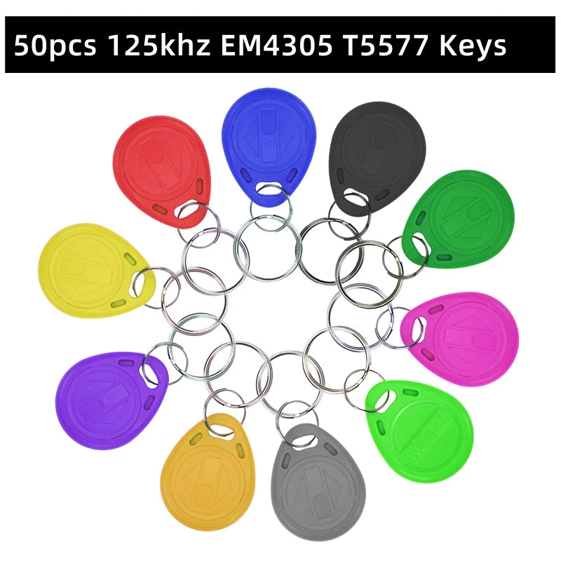 Fifty multi-coloured plastic RFID key fob tags with metal rings, 125kHz EM4305 T5577 compatible.