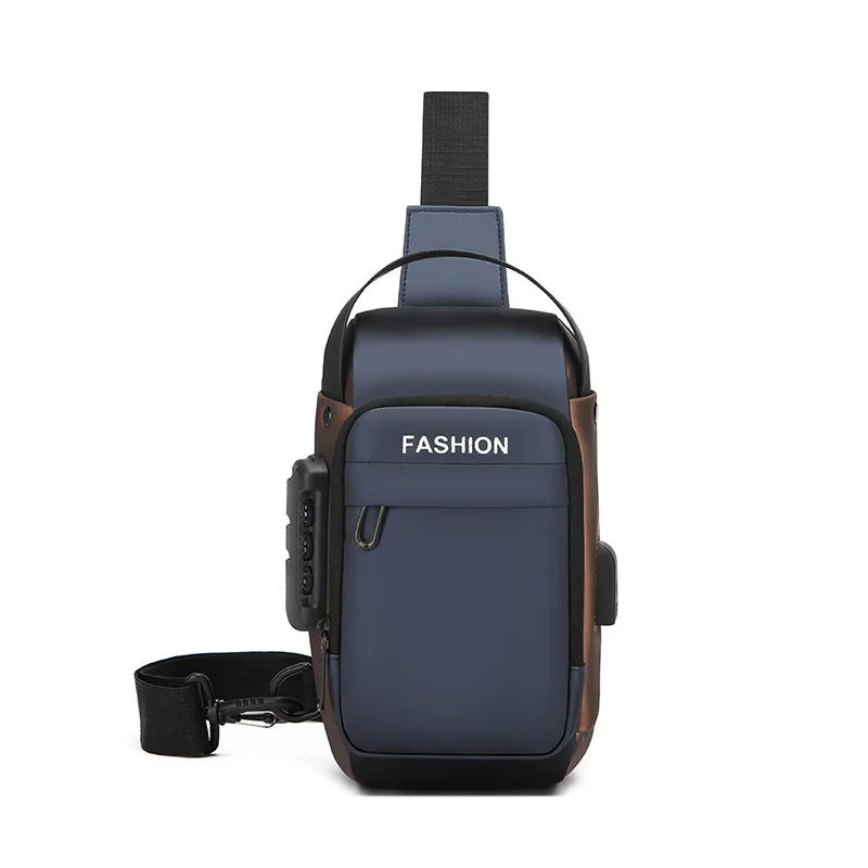Blue and brown anti-theft crossbody sling bag with a built-in USB charging port and secure lock.