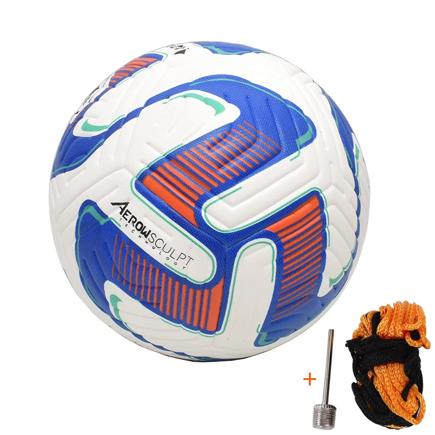 White, blue, and orange football with textured panels, includes a pump needle and carry net.