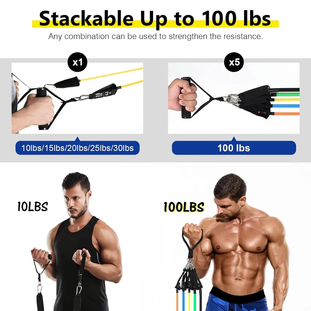 Colorful stackable resistance bands set with foam handles showing 10lb and 100lb usage options.