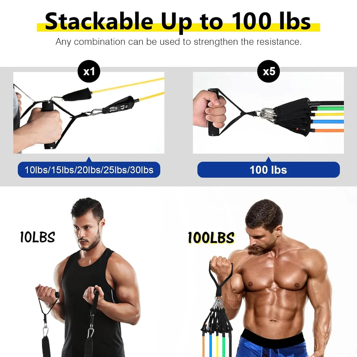 Colorful stackable resistance bands set with foam handles showing 10lb and 100lb usage options.