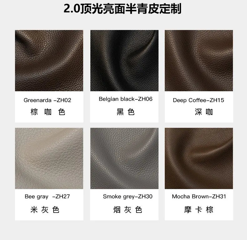 Six textured leather swatches in Greenarda, Belgian black, Deep Coffee, Bee grey, Smoke grey, and Mocha Brown.
