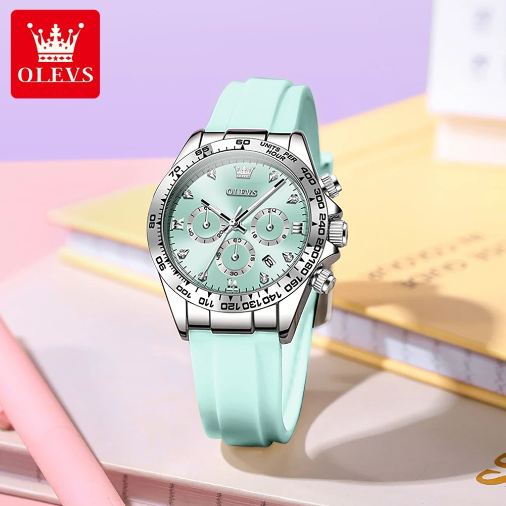 OLEVS mint green quartz women's sports watch with silver bezel, chronograph subdials, and silicone strap.