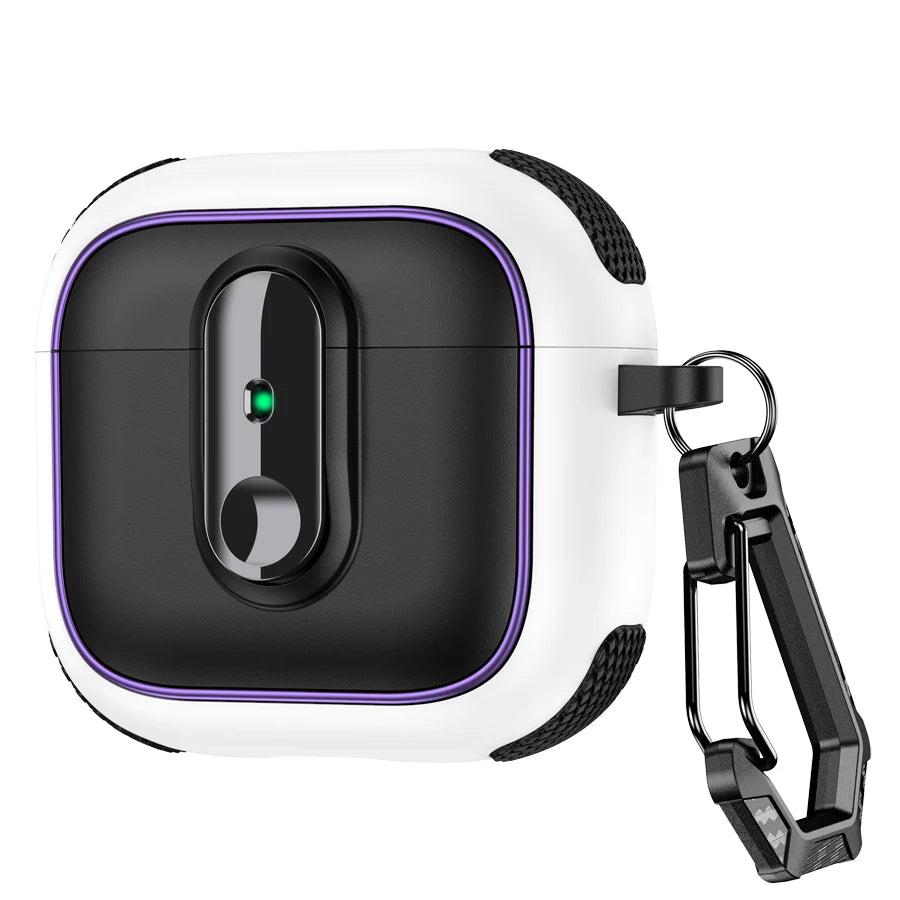 Black and white rugged protective case for AirPods with a purple trim and attached carabiner.