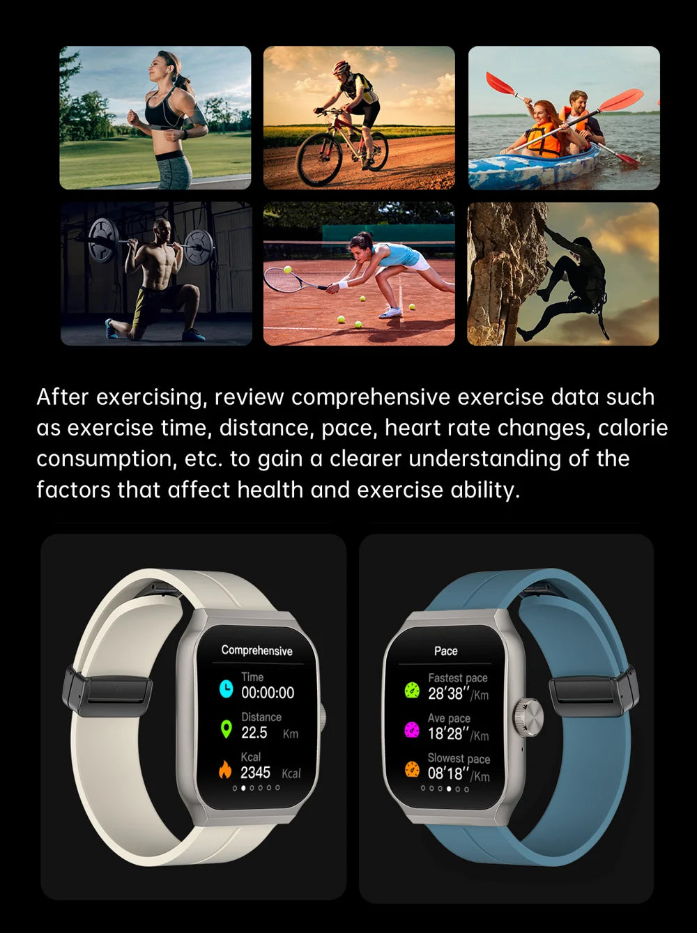 Smart watch with 2.01-inch curved screen and activity tracking, shown in cream and blue silicone strap options.