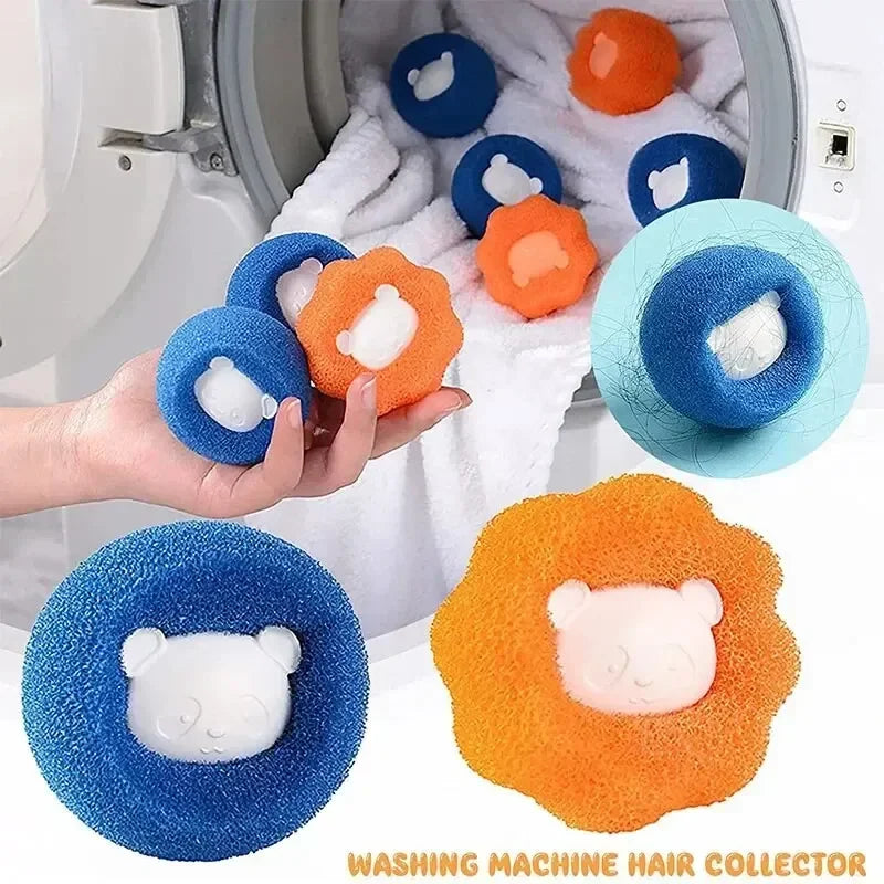 Orange and blue bear-shaped washing machine hair catcher sponges for removing pet hair and lint from laundry.