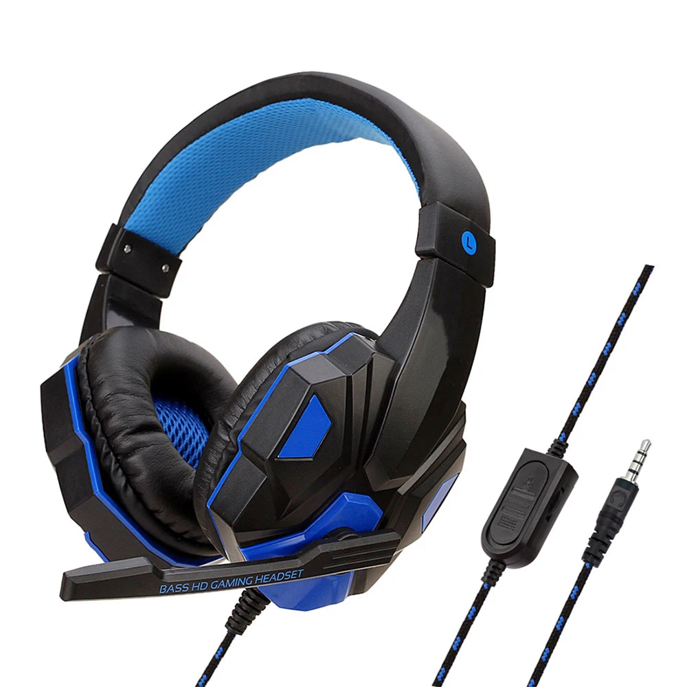 Black and blue gaming headset with cushioned ear cups, adjustable microphone, and wired control on a braided cable.