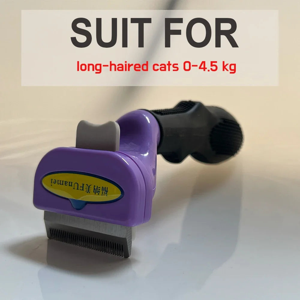 Purple and black cat grooming tool with a fine-toothed metal blade, suitable for long-haired cats up to 4.5kg.