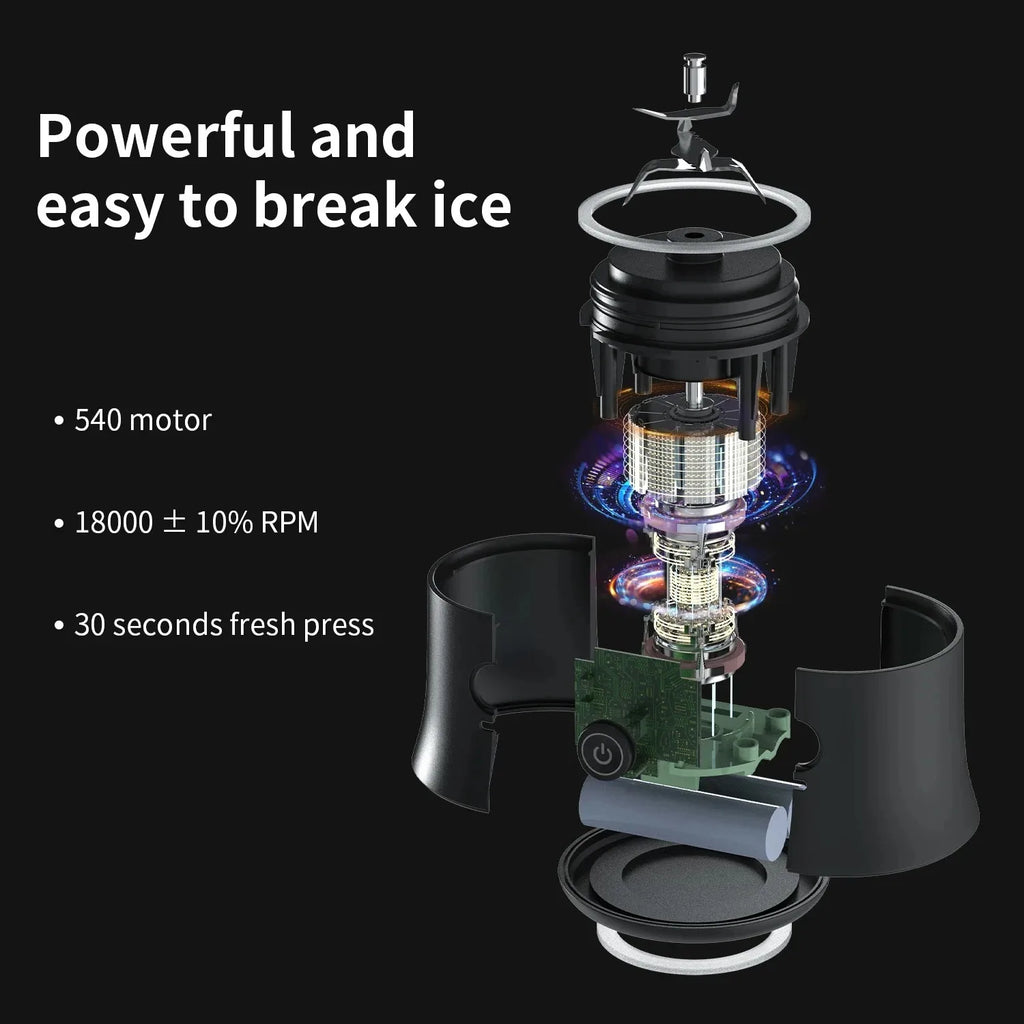 Exploded view of a black portable blender showing its motor, internal components, and blade assembly.