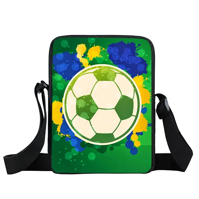 Rectangular crossbody bag featuring a green background with blue and yellow paint splashes and a central football graphic.
