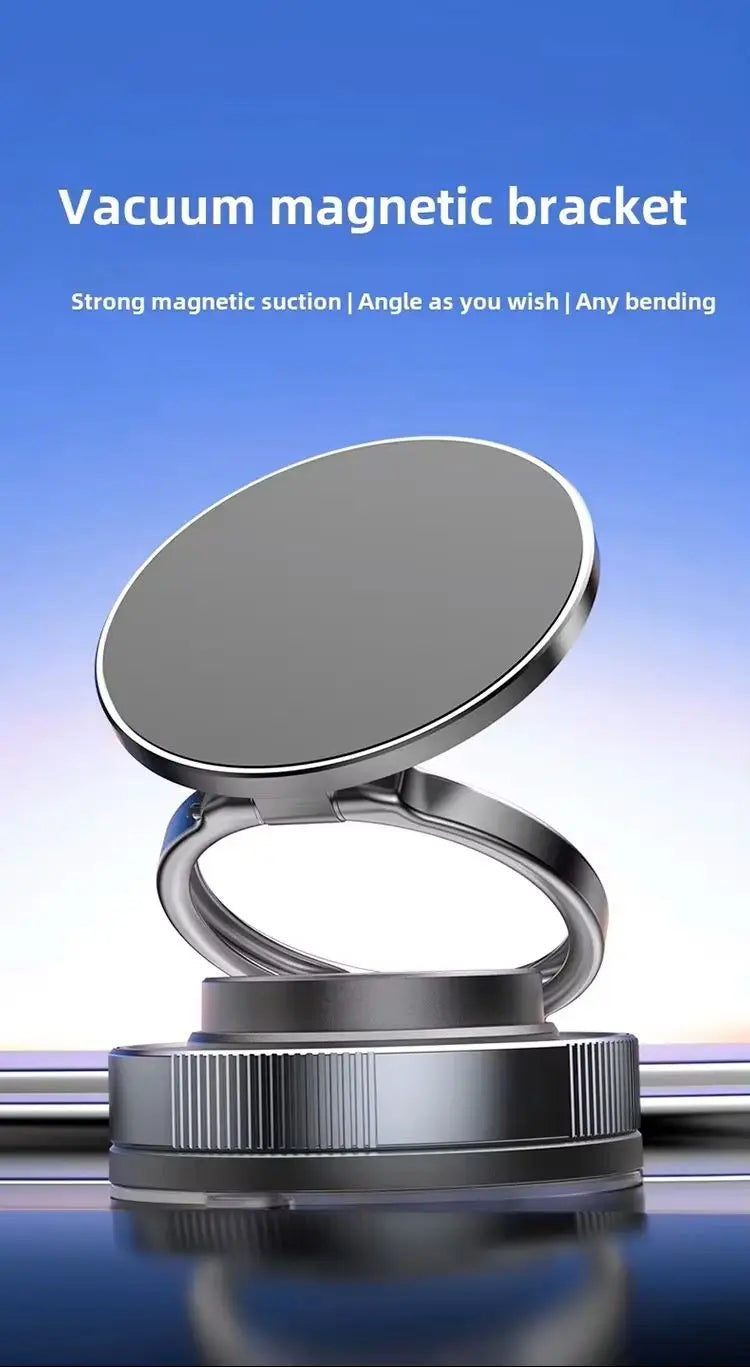 Circular, silver, foldable magnetic phone stand with a sleek, metallic finish and adjustable hinge.