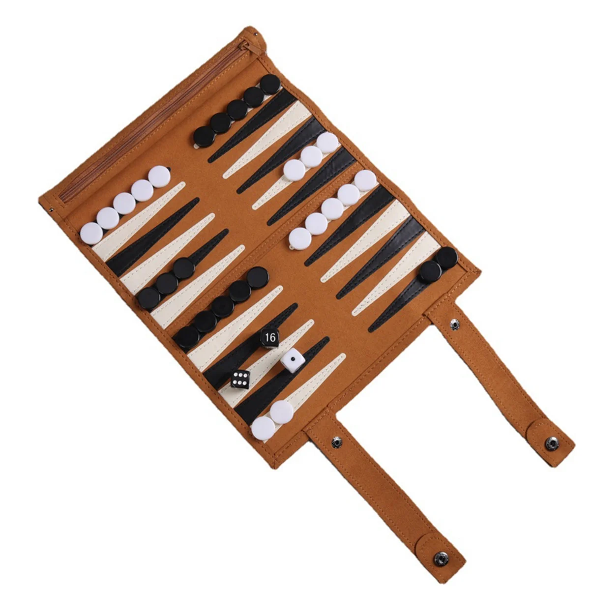 Brown roll-up portable backgammon set with black and white points, checkers, and dice.