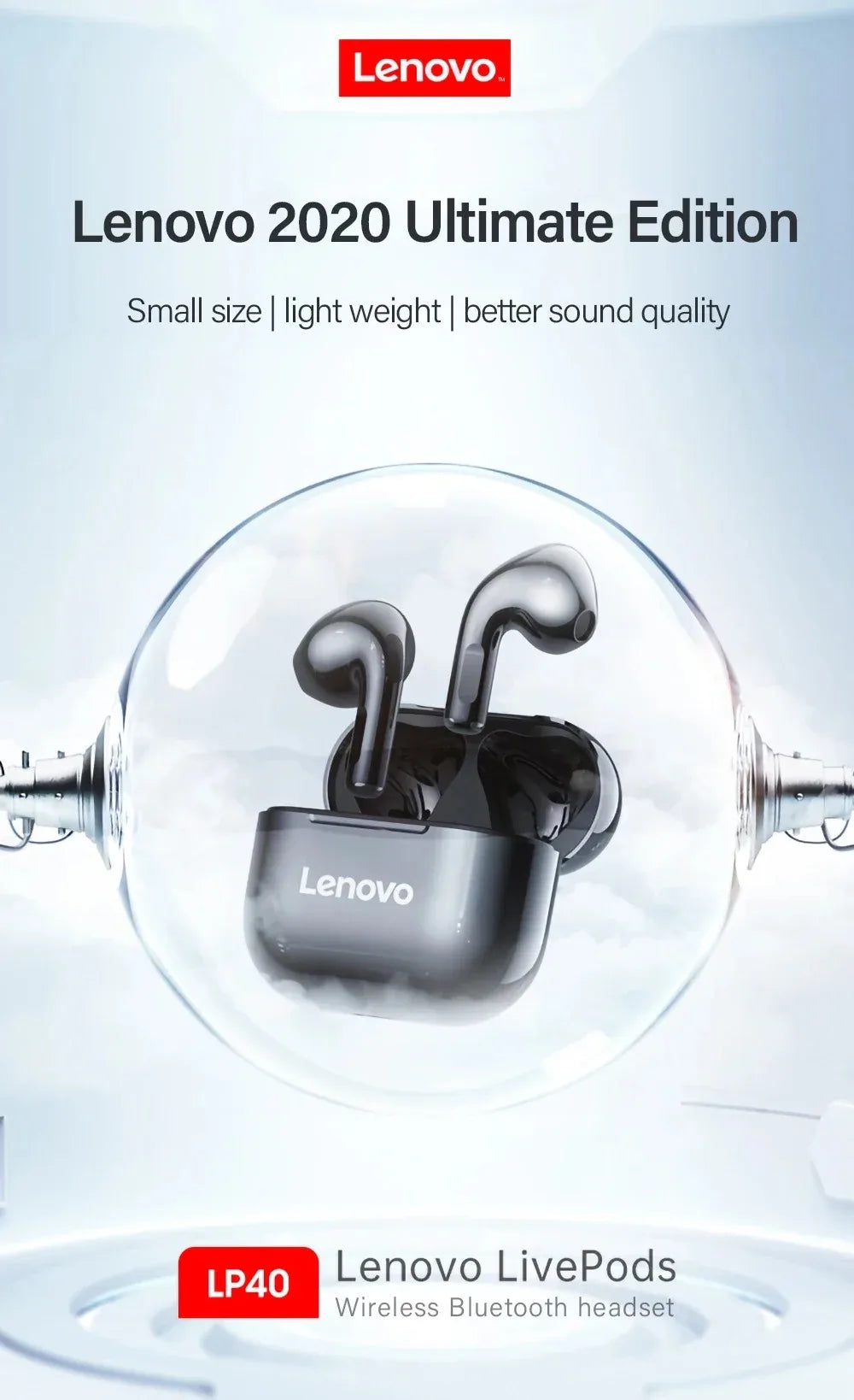 Glossy black wireless earbuds and their open charging case, displayed inside a clear spherical bubble.